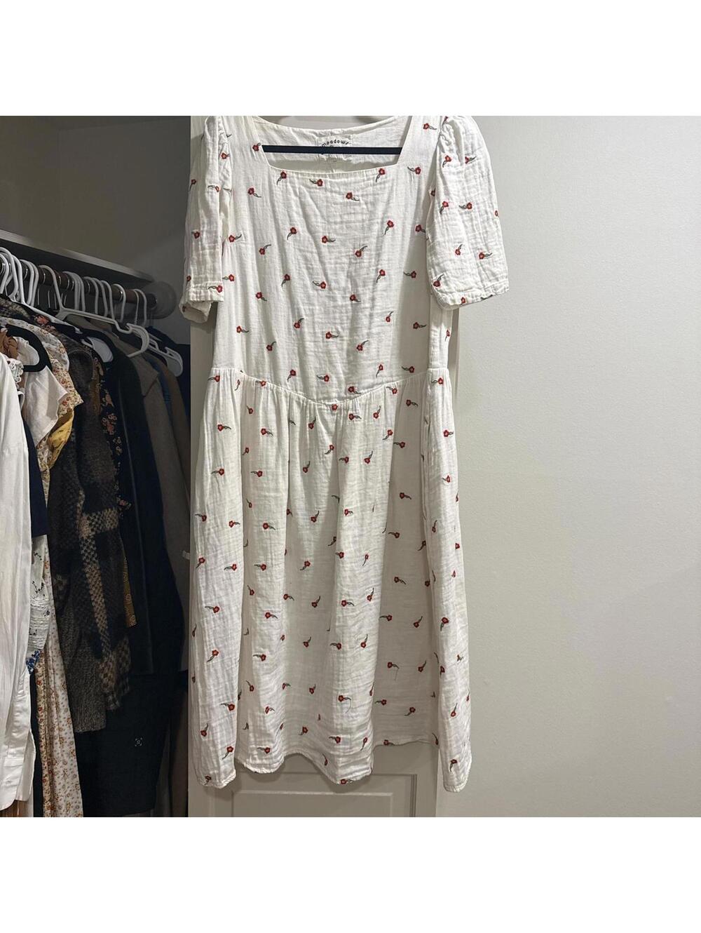 Meadows White Midi Dress with Red Floral Embroidery